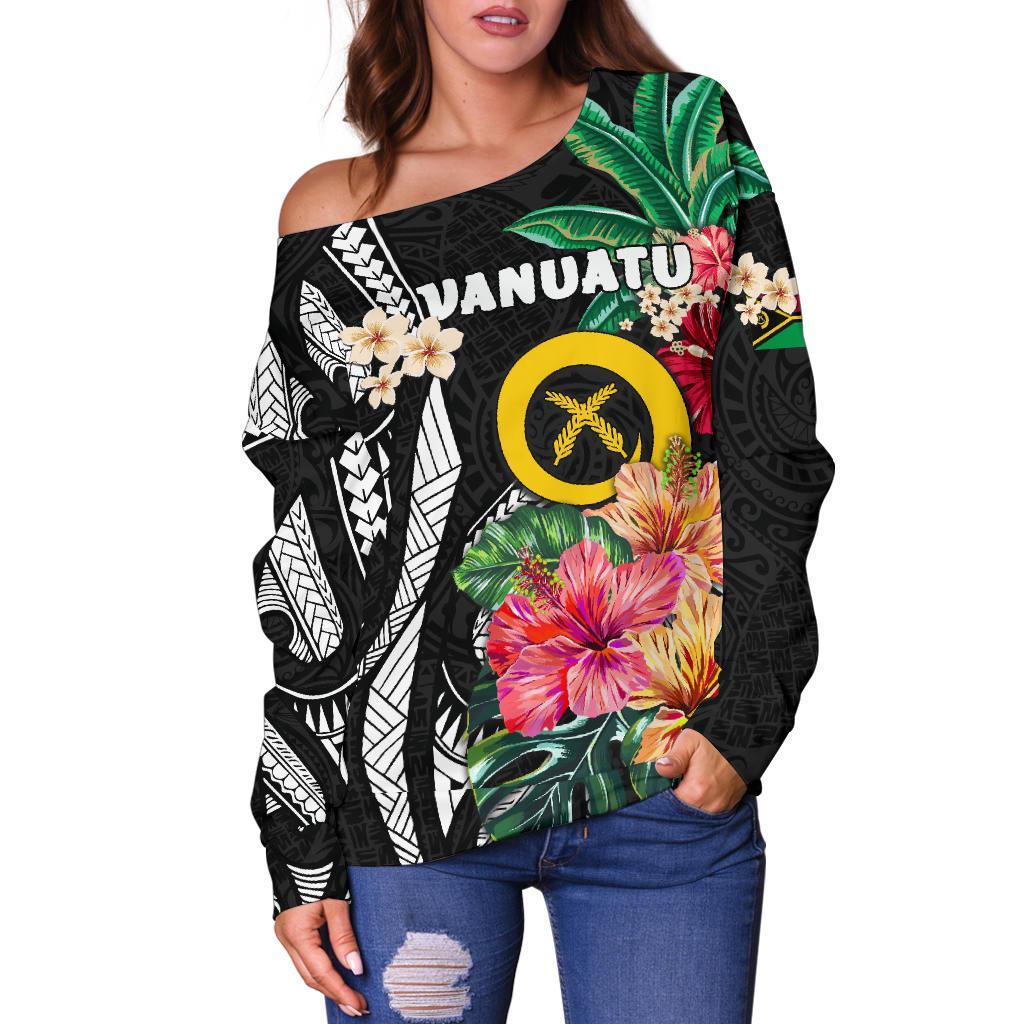 Vanuatu Women'S Off Shoulder Sweater Coat Of Arms Polynesian With Hibiscus-2 - Polynesian Pride