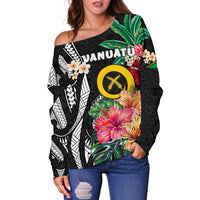 Vanuatu Women'S Off Shoulder Sweater Coat Of Arms Polynesian With Hibiscus-2 - Polynesian Pride