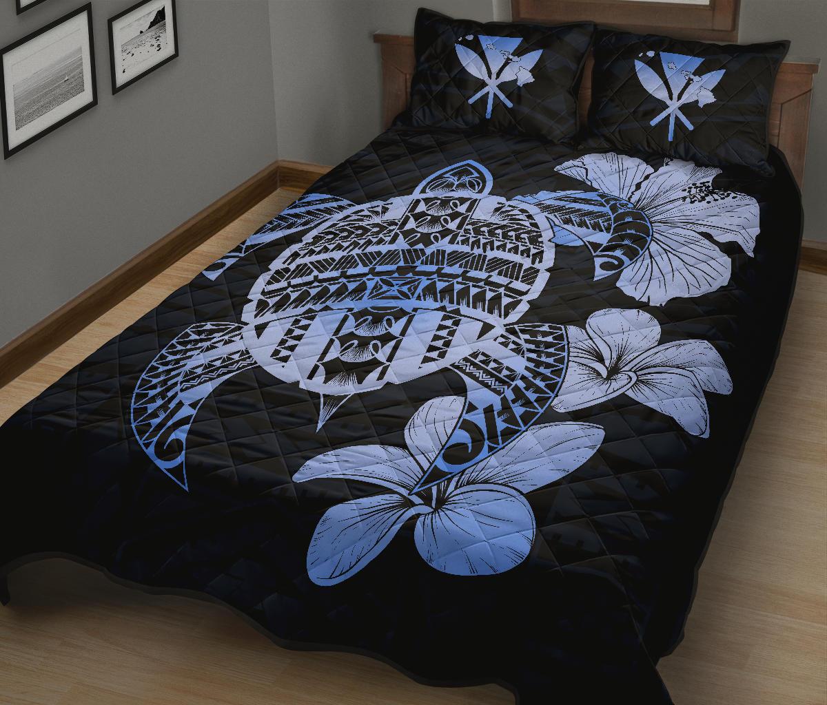 Hawaiian Kanaka Hibiscus Plumeria Mix Polynesian Turtle Quilt Bed Set Blue AH - Polynesian Pride