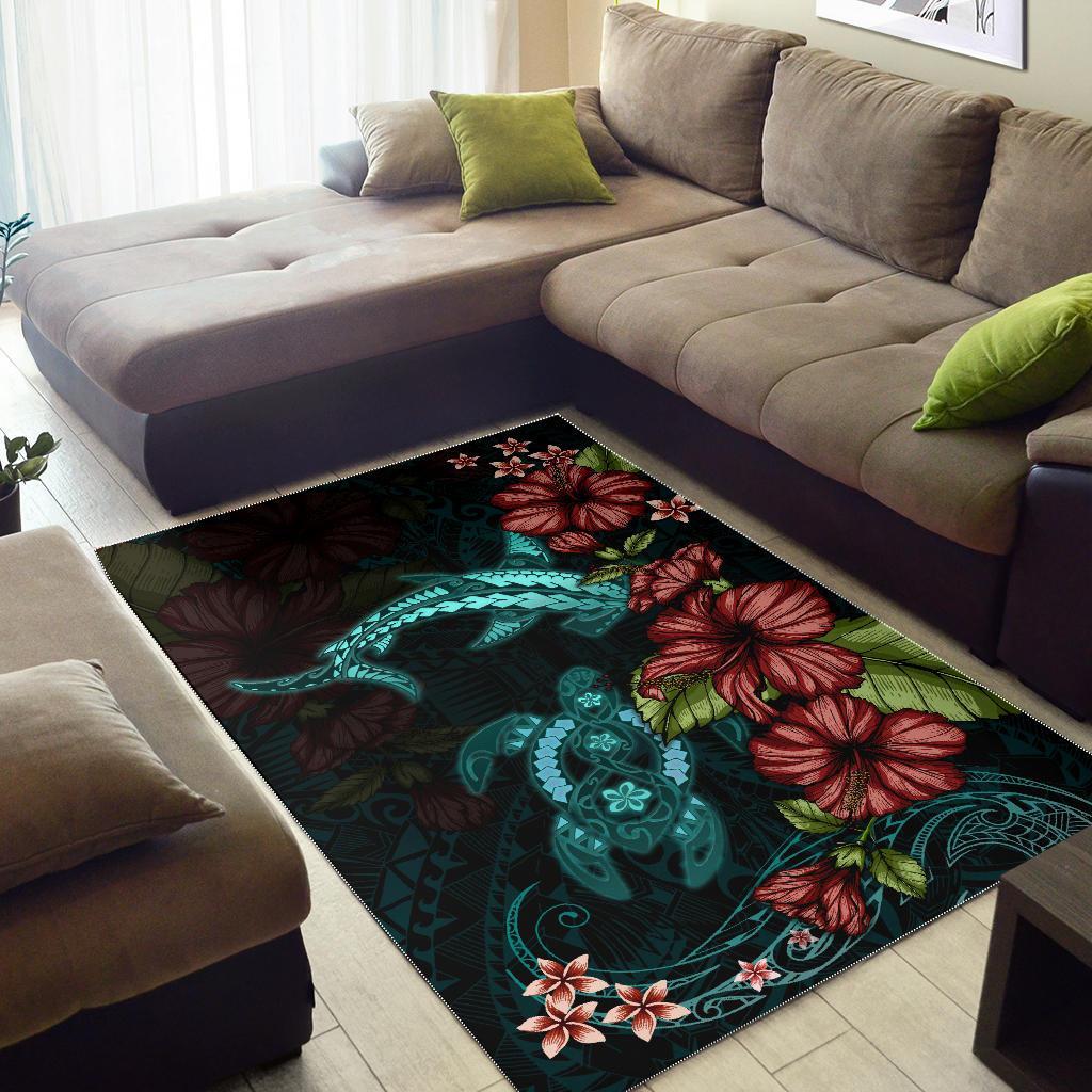 Polynesian Area Rug Turtle And Shark - Hibiscus Turquoise - Polynesian Pride