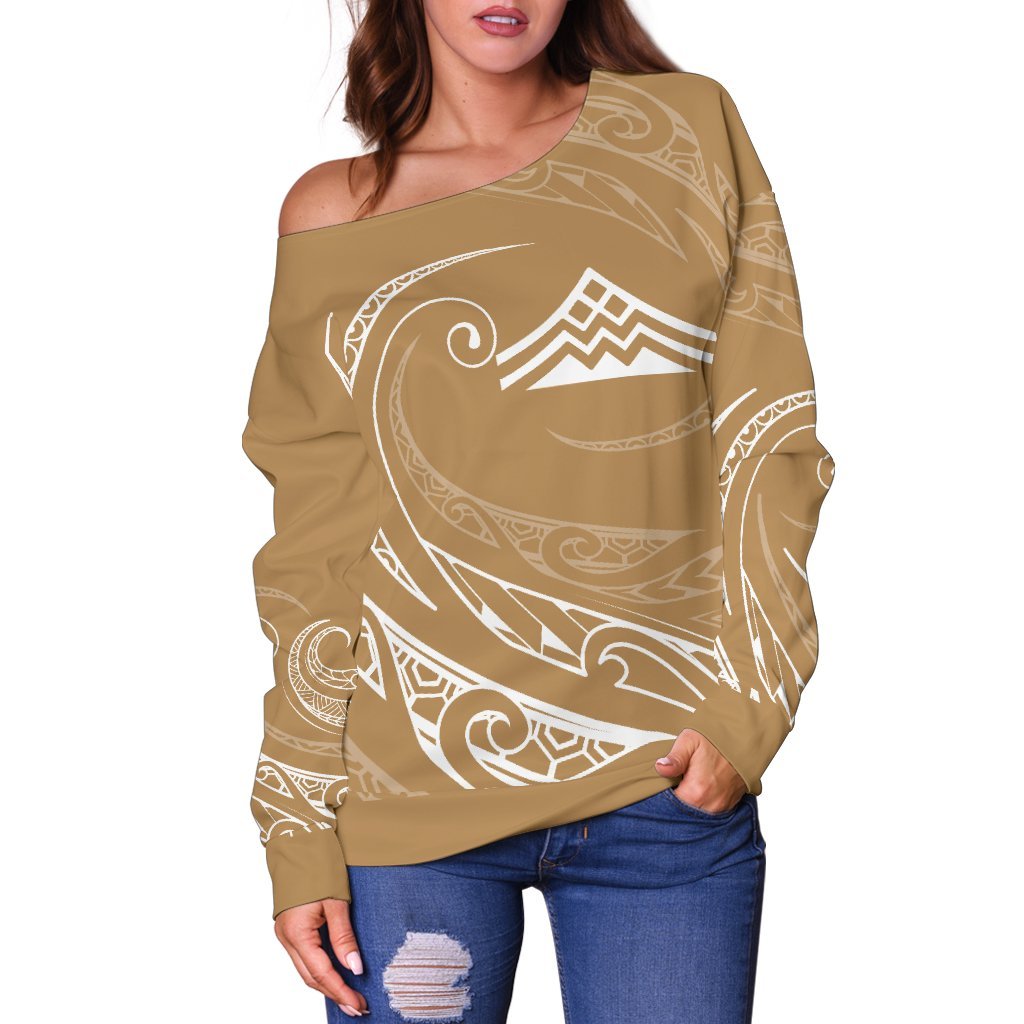 Hawaiian Mauna Kea Polynesian Women's Off Shoulder Sweater - Gold And White - Frida Style - Polynesian Pride