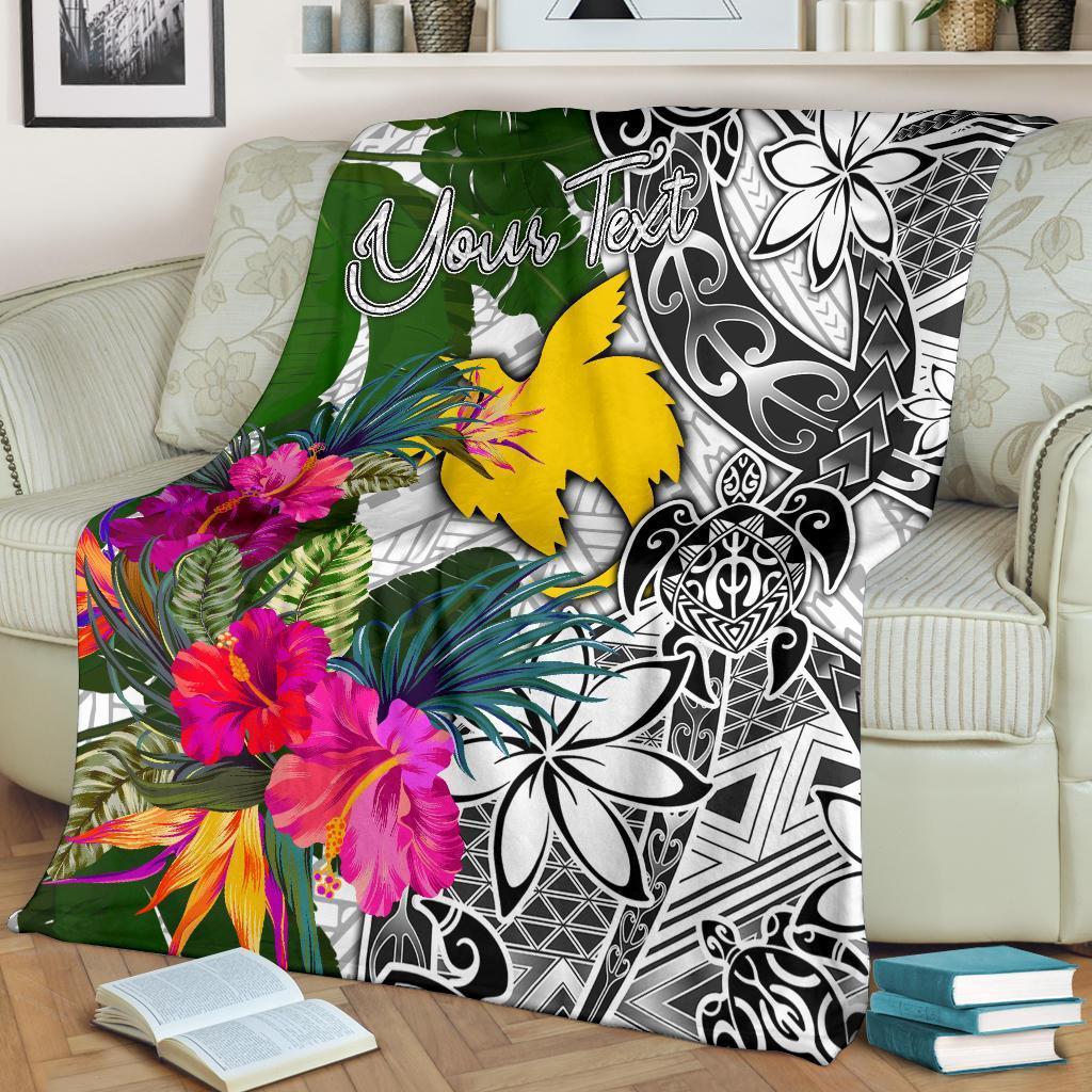 Papua New Guinea Custom Personalised Premium Blanket White - Turtle Plumeria Banana Leaf - Polynesian Pride