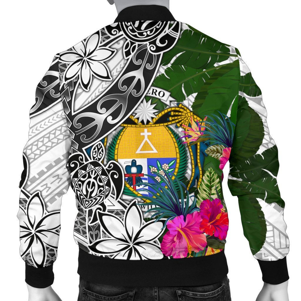 Nauru Custom Personalised Men's Bomber Jacket White - Turtle Plumeria Banana Leaf Crest - Polynesian Pride