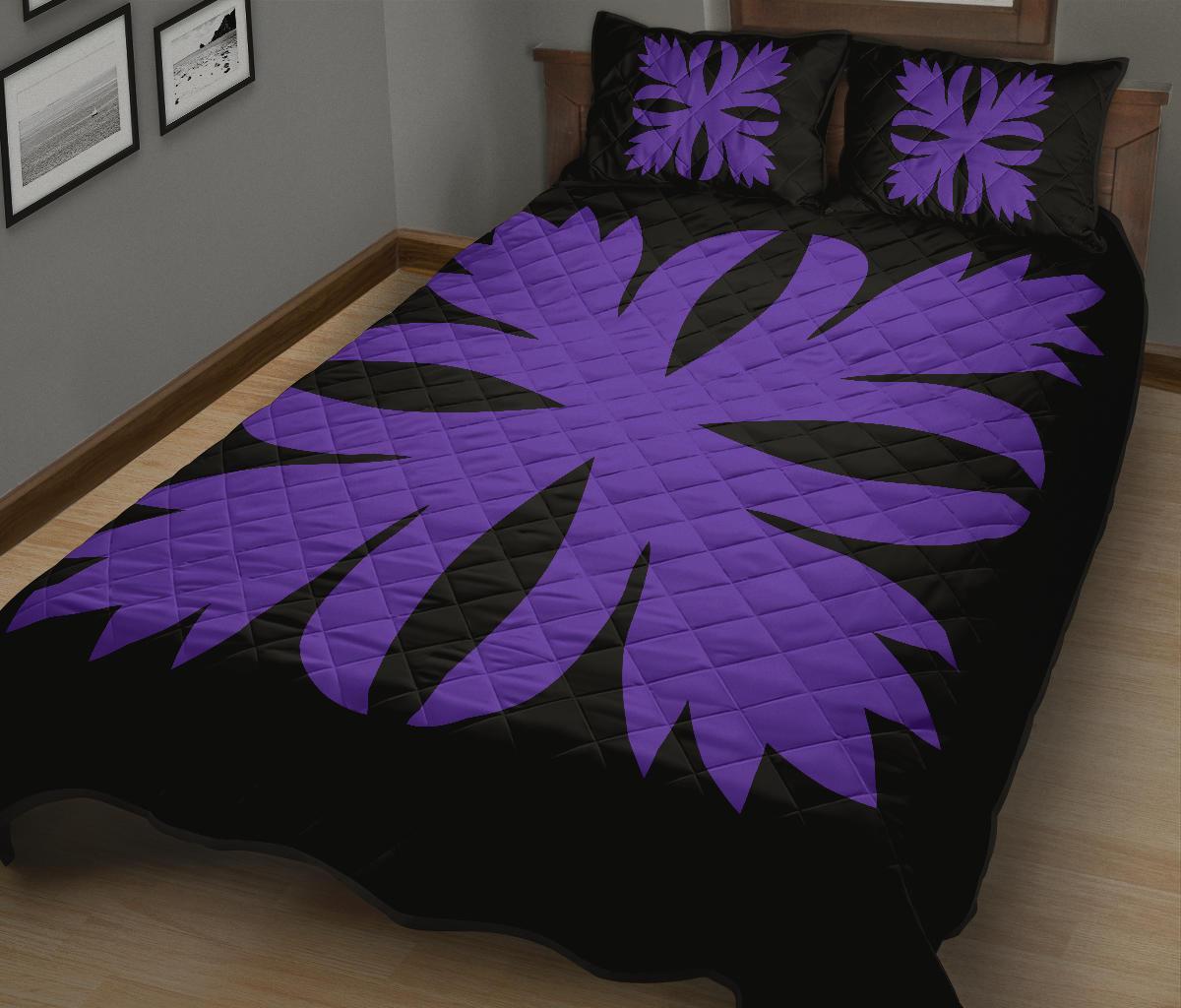 Hawaiian Royal Pattern Quilt Bed Set - Black And Purple - C3 Style - Polynesian Pride