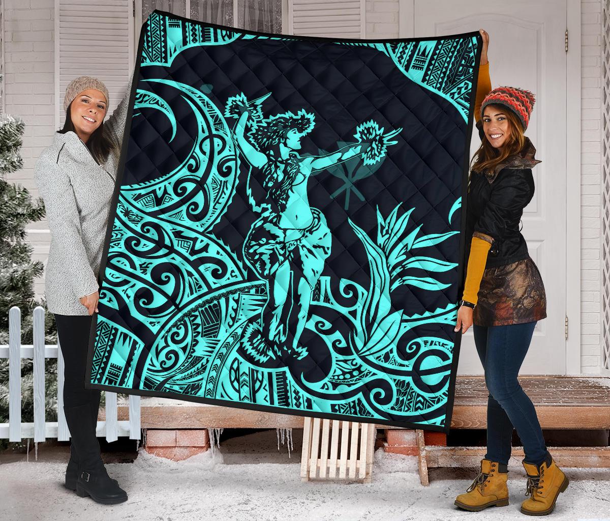 Polynesian Hawaii Premium Quilt - Hula Girl Neon Blue - Polynesian Pride