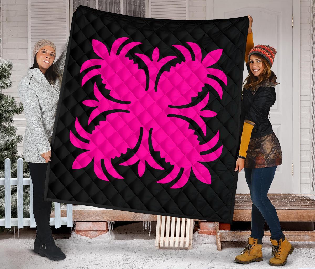 Hawaiian Premium Quilt Royal Pattern - Black And Pink - A2 Style - Polynesian Pride
