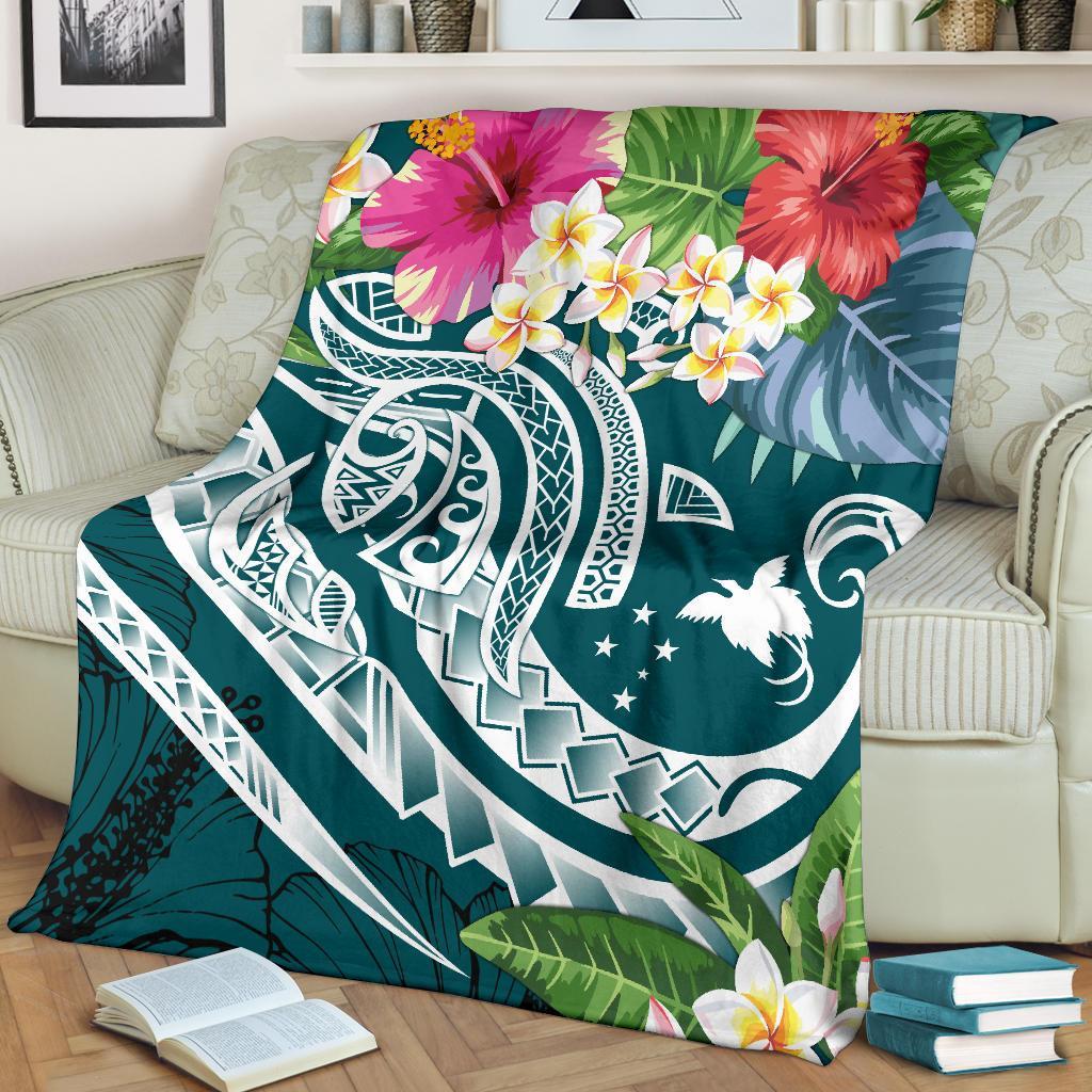 Papua New Guinea Polynesian Premium Blanket - Summer Plumeria (Turquoise) - Polynesian Pride