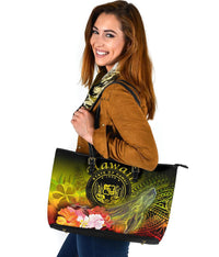 Polynesian Hawaii Leather Tote Bag - Humpback Whale with Tropical Flowers (Yellow) - Polynesian Pride