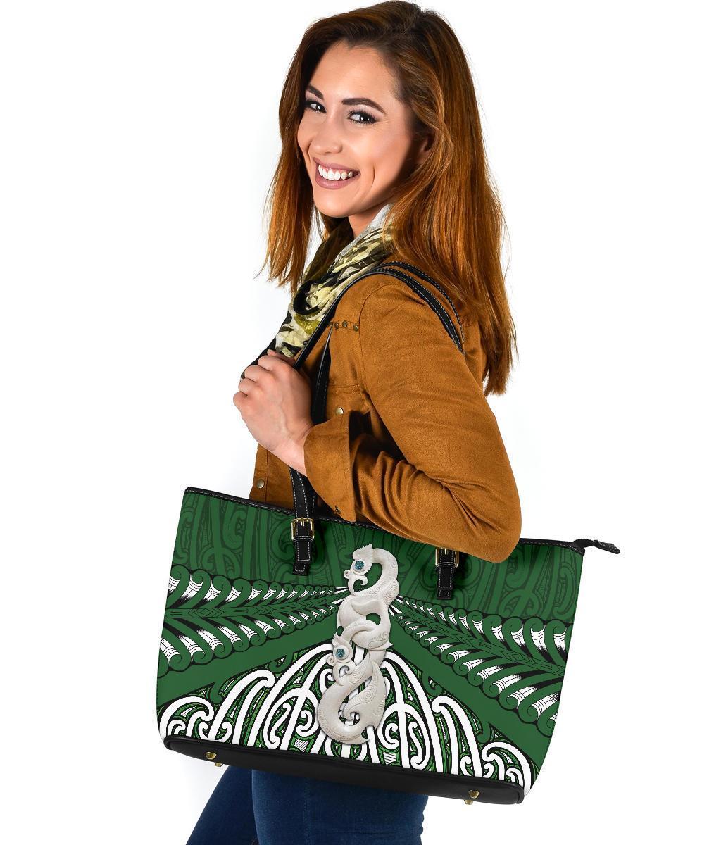Maori Moko Tattoo Large Leather Tote, Manaia Pounamu - Polynesian Pride