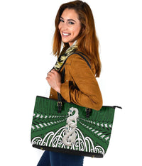 Maori Moko Tattoo Large Leather Tote, Manaia Pounamu - Polynesian Pride