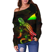 Tokelau Polynesian Women's Off Shoulder Sweater - Turtle With Blooming Hibiscus Reggae - Polynesian Pride