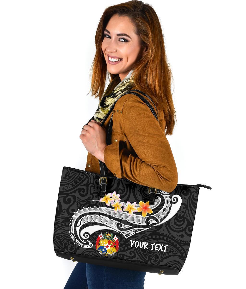 Tonga Custom Personalised Leather Tote Bag - Tonga Seal Polynesian Patterns Plumeria (Black) - Polynesian Pride