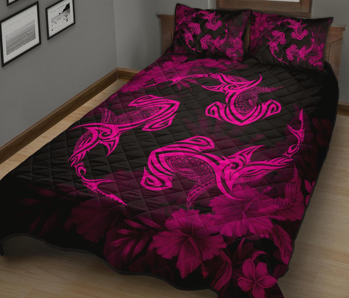 Hawaii Head Hammer Shark Hibiscus Pink Quilt Bed Set - Polynesian Pride