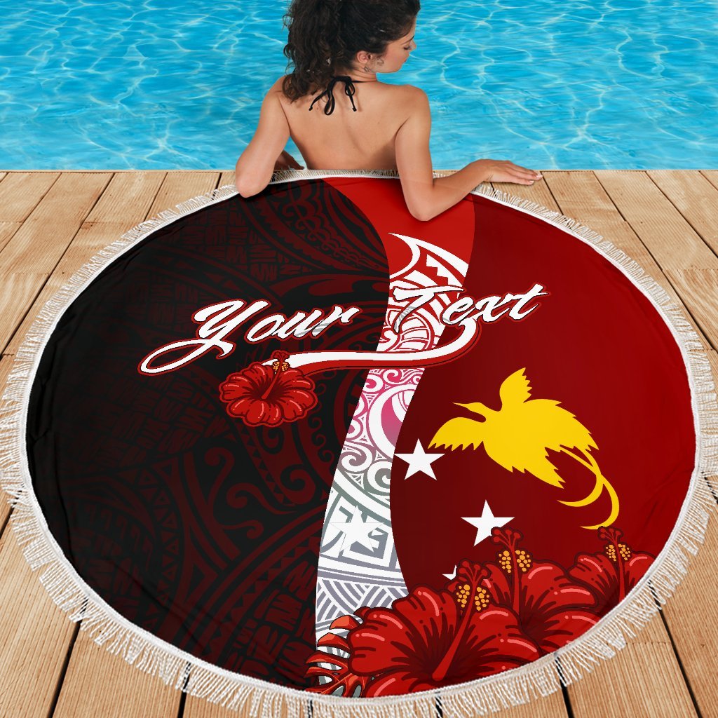 Papua New Guinea Custom Personalised Polynesian Beach Blanket - Coat Of Arm With Hibiscus - Polynesian Pride