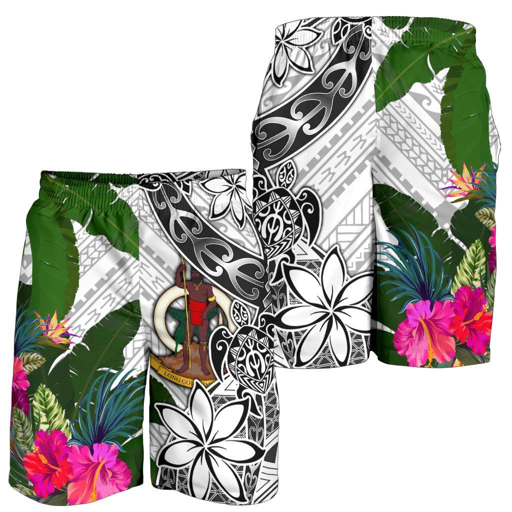 Vanuatu Men's Short White - Turtle Plumeria Banana Leaf - Polynesian Pride