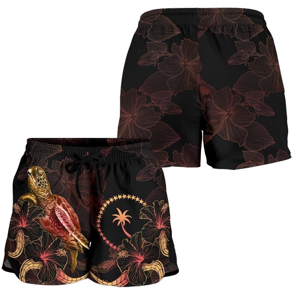 Chuuk Polynesian Women's Shorts - Turtle With Blooming Hibiscus Gold - Polynesian Pride