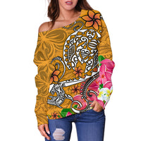 Polynesian Women's Off Shoulder Sweater - Turtle Plumeria Gold Color - Polynesian Pride