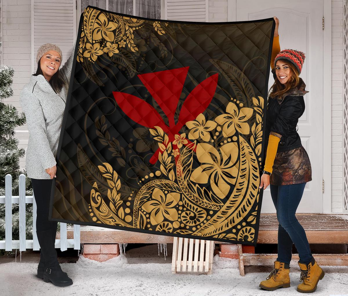 Hawaii Premium Quilt - Red Kanaka Maoli & Yellow Hibiscus Style - Polynesian Pride