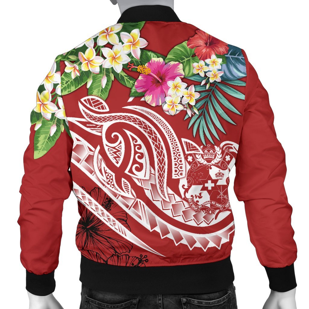 Tonga Polynesian Men's Bomber Jacket - Summer Plumeria (Red) - Polynesian Pride
