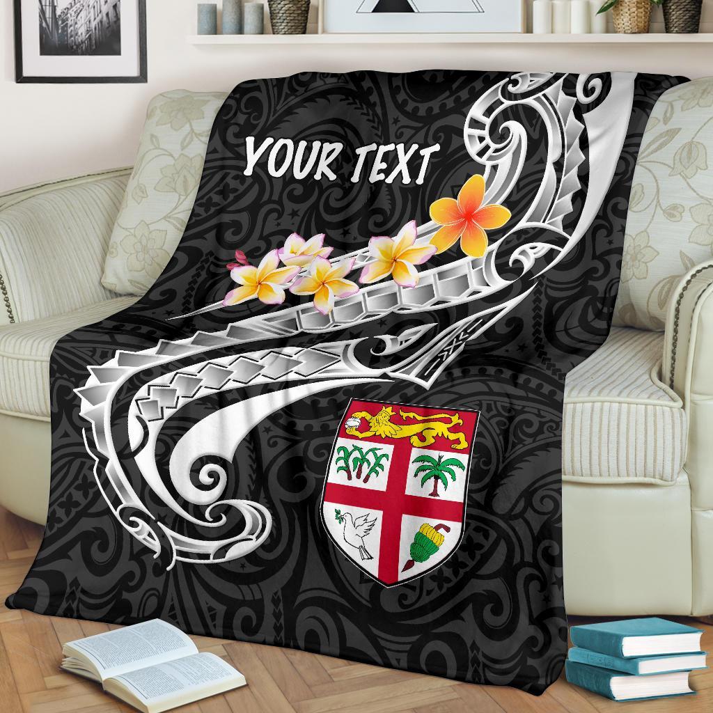 Fiji Custom Personalised Premium Blanket - Fiji Seal Polynesian Patterns Plumeria (Black) White - Polynesian Pride