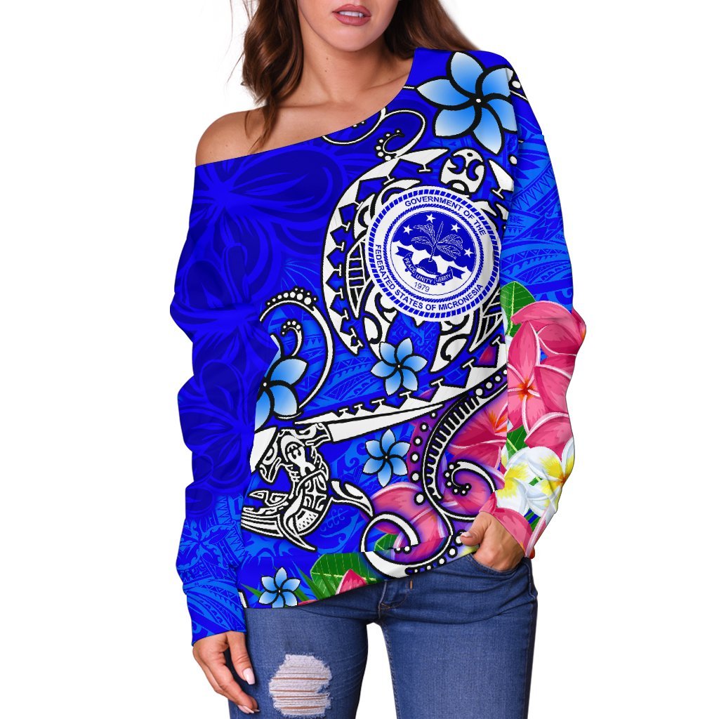 FSM Women's Off Shoulder Sweater - Turtle Plumeria (Blue) - Polynesian Pride