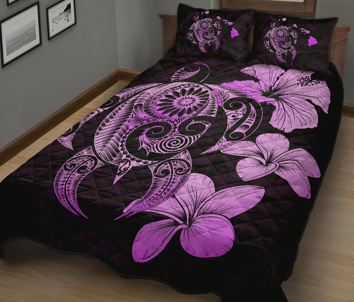 Hibiscus Plumeria Mix Polynesian Pink Turtle Quilt Bed Set - Polynesian Pride