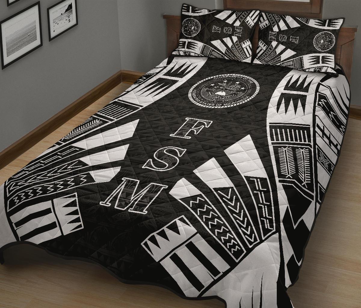 Federated States of Micronesia Quilt Bed Set - Federated States of Micronesia Seal Polynesian White Tattoo Style - Polynesian Pride