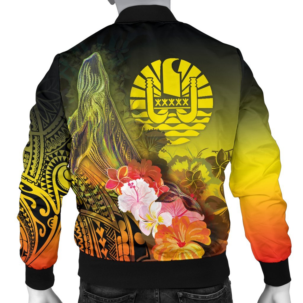Tahiti Custom Personalised Men's Bomber Jacket - Humpback Whale with Tropical Flowers (Yellow) - Polynesian Pride