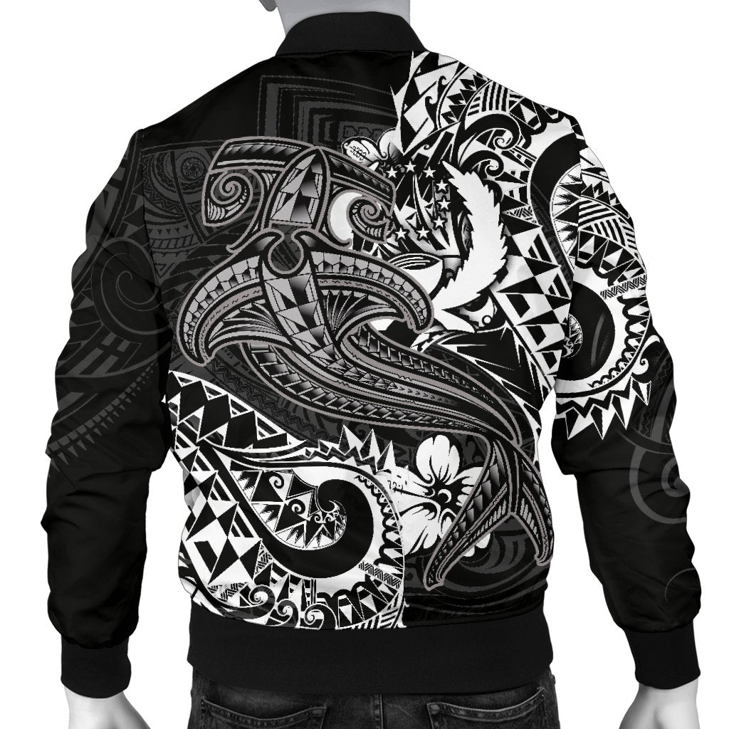 Pohnpei Men's Bomber Jacket - White Shark Polynesian Tattoo - Polynesian Pride
