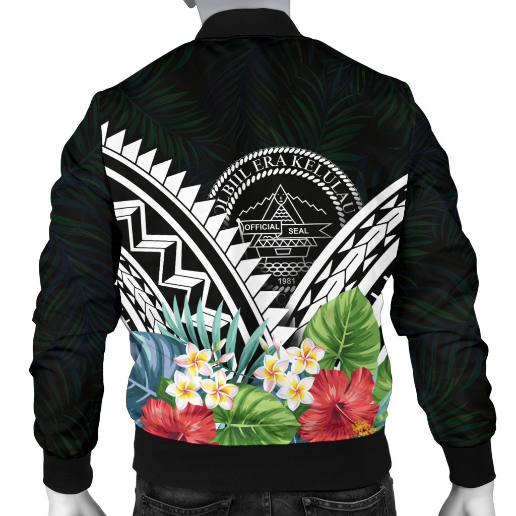 Palau Men's Bomber Jacket - Palau Caledonia Coat of Arms & Polynesian Tropical Flowers White - Polynesian Pride