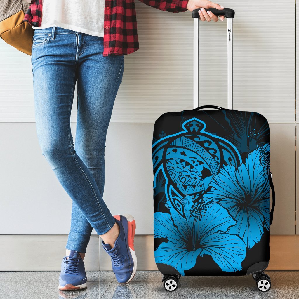 Hawaii Hibiscus Luggage Cover - Turtle Map - Traffic Blue - Polynesian Pride