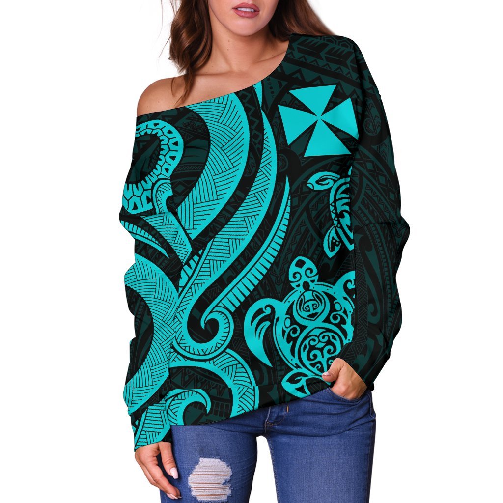 Wallis and Futuna Women's Off Shoulder Sweater - Turquoise Tentacle Turtle - Polynesian Pride