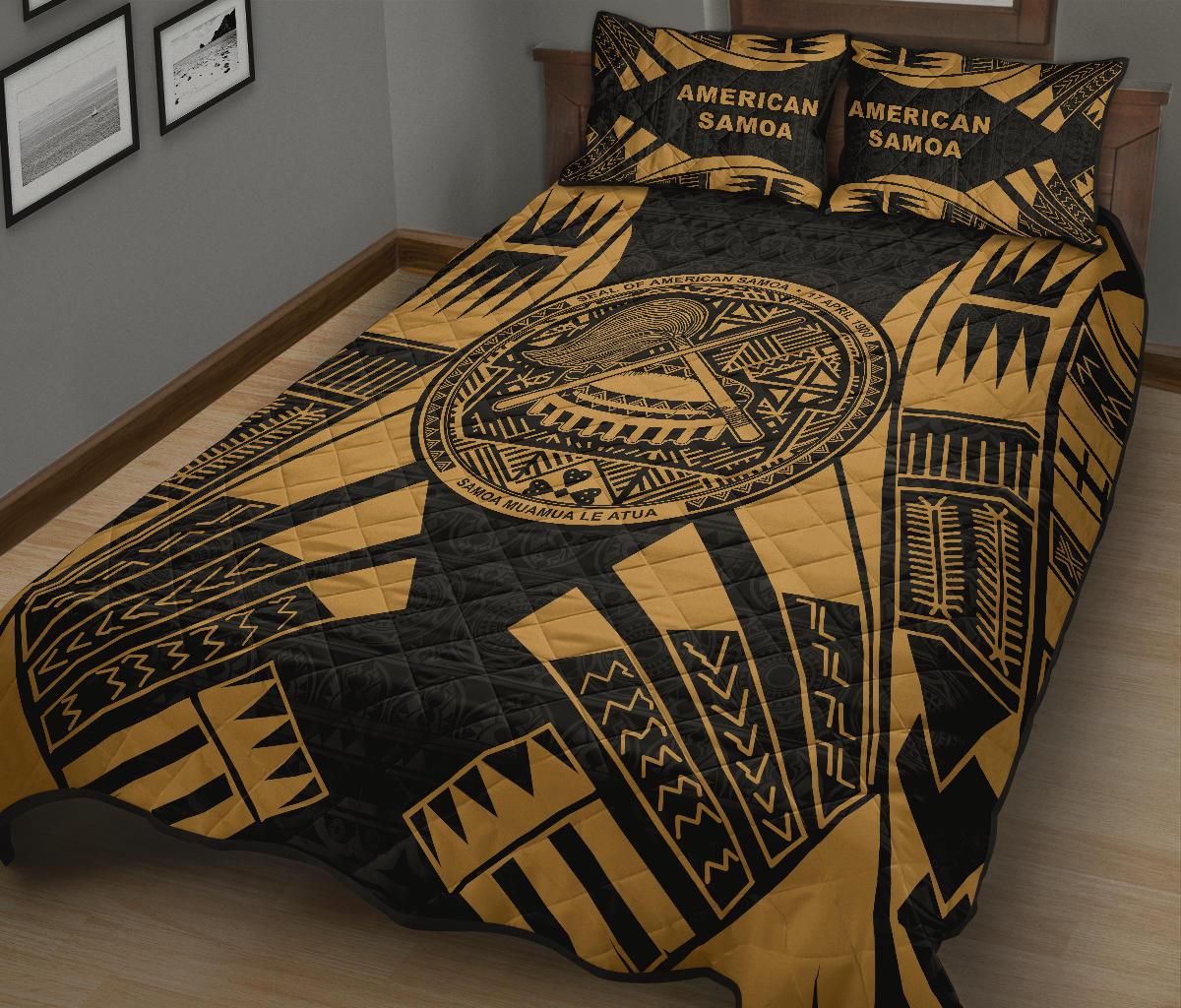 American Samoa Quilt Bed Set - American Samoa Seal Polynesian Yellow Tattoo - Polynesian Pride