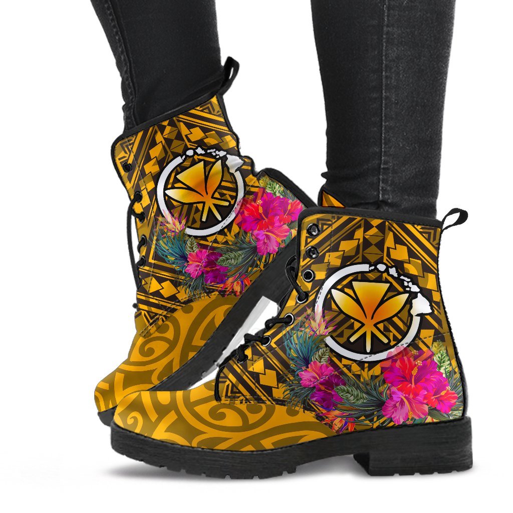 Hawaii Leather Boots - Kanaka Maoli With Hibiscus On Polynesian Patterns (YELLOW) - Polynesian Pride
