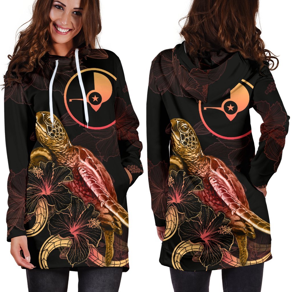 Yap Polynesian Hoodie Dress - Turtle With Blooming Hibiscus Gold - Polynesian Pride