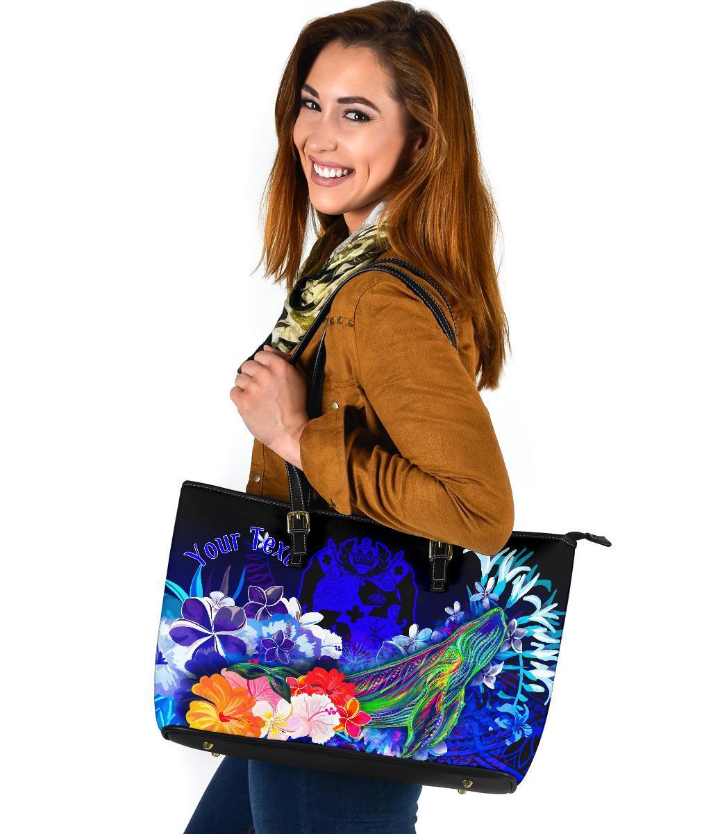 Tonga Custom Personalised Large Leather Tote Bag - Humpback Whale with Tropical Flowers (Blue) - Polynesian Pride