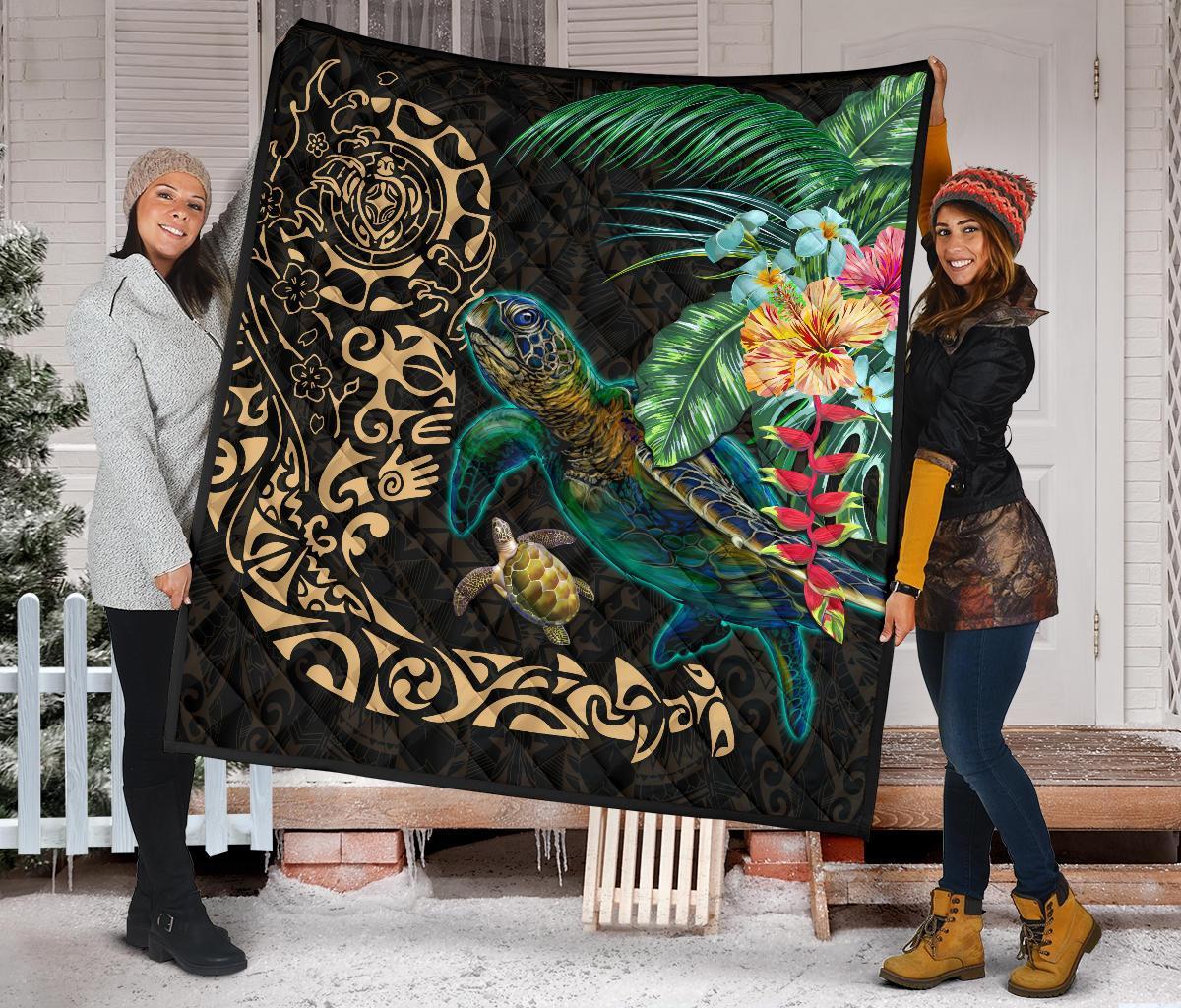 Tiki Polynesian Premium Quilt Turtle Hibiscus - Gold - Polynesian Pride