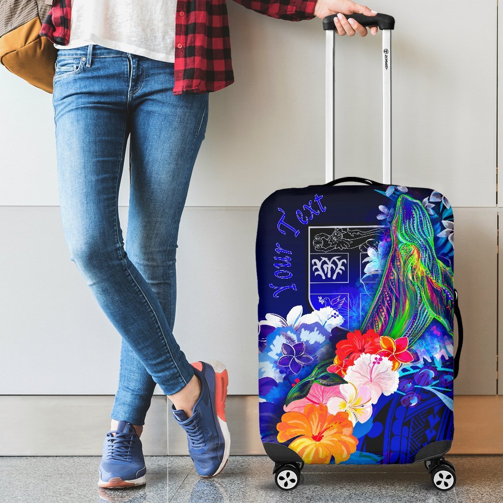 Fiji Custom Personalised Luggage Covers - Humpback Whale with Tropical Flowers (Blue) Blue - Polynesian Pride