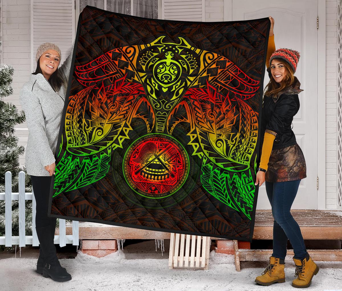 American Samoa Premium Quilt - American Samoa Seal Turtle Manta Ray Reggae Style - Polynesian Pride