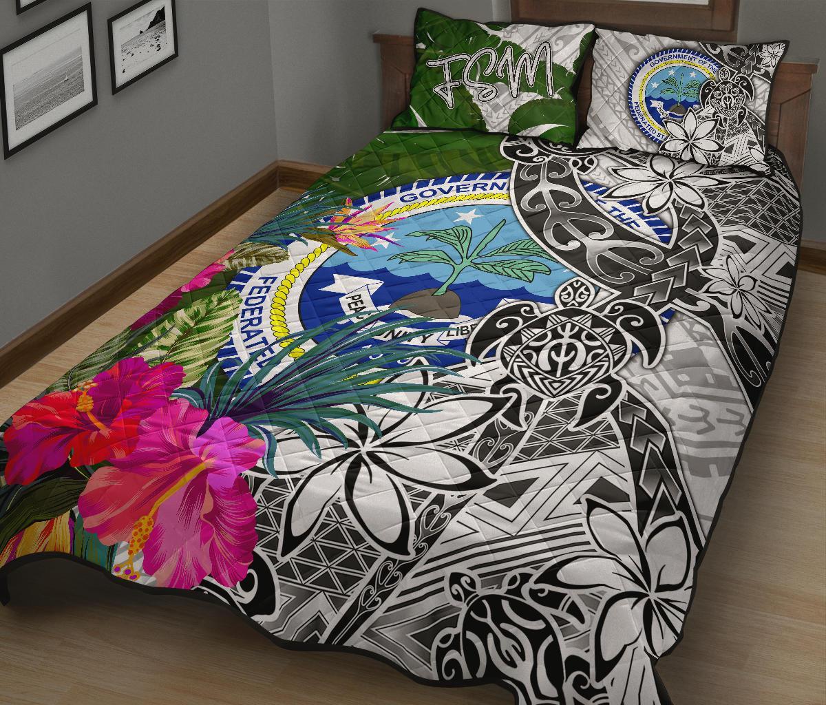 Federated States of Micronesia Quilt Bed Set White - Turtle Plumeria Banana Leaf - Polynesian Pride