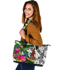Vanuatu Large Leather Tote Bag White - Turtle Plumeria Banana Leaf - Polynesian Pride