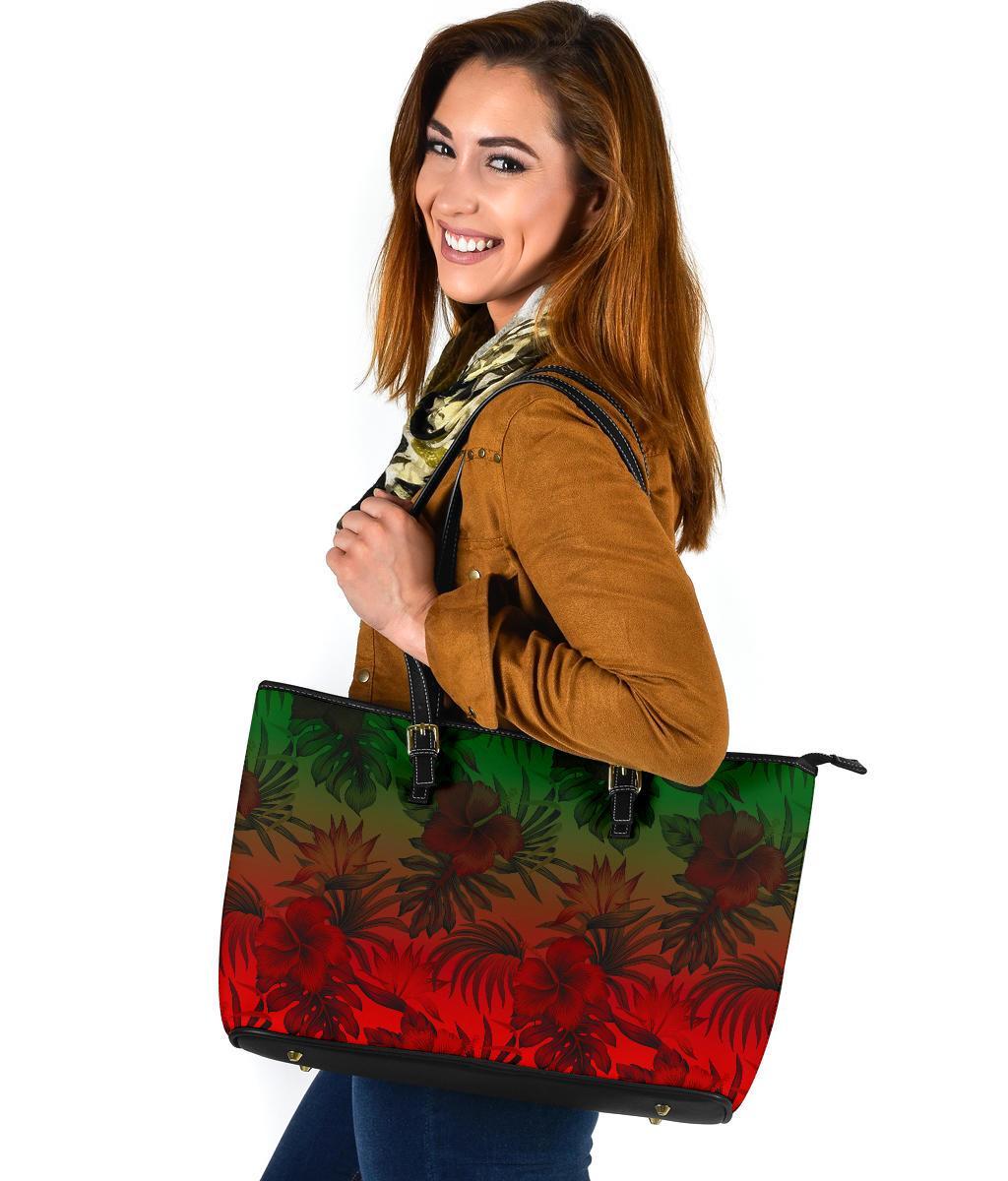 Polynesian Leather Tote Bag - Red Hibiscus Patterns - Polynesian Pride