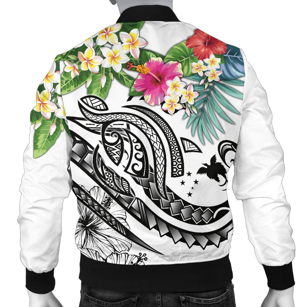 Papua New Guinea Polynesian Men's Bomber Jacket - Summer Plumeria (White) - Polynesian Pride