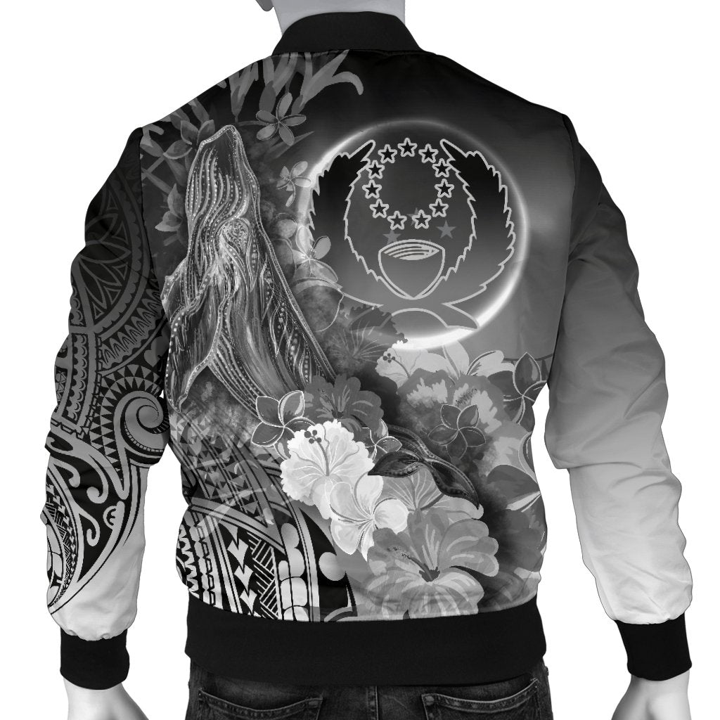 Pohnpei Men's Bomber Jacket - Humpback Whale with Tropical Flowers (White) - Polynesian Pride
