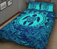 Polynesian Quilt Bed Set - Dark Blue Turtle Palm Torquoise Version - Polynesian Pride