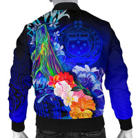 Custom Personalised Samoa Men's Bomber Jacket - Humpback Whale with Tropical Flowers (Blue) - Polynesian Pride