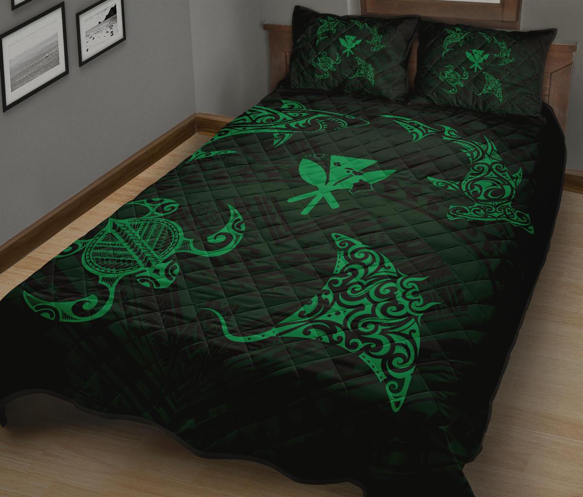 Hawaii Map Kanaka Polynesian Quilt Bed Set Circle Underwater Green - Polynesian Pride