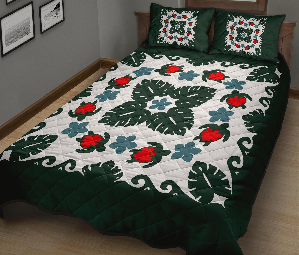 Hawaiian Quilt Monstera Leaves And Turtle Quilt Bed Set - AH - Polynesian Pride