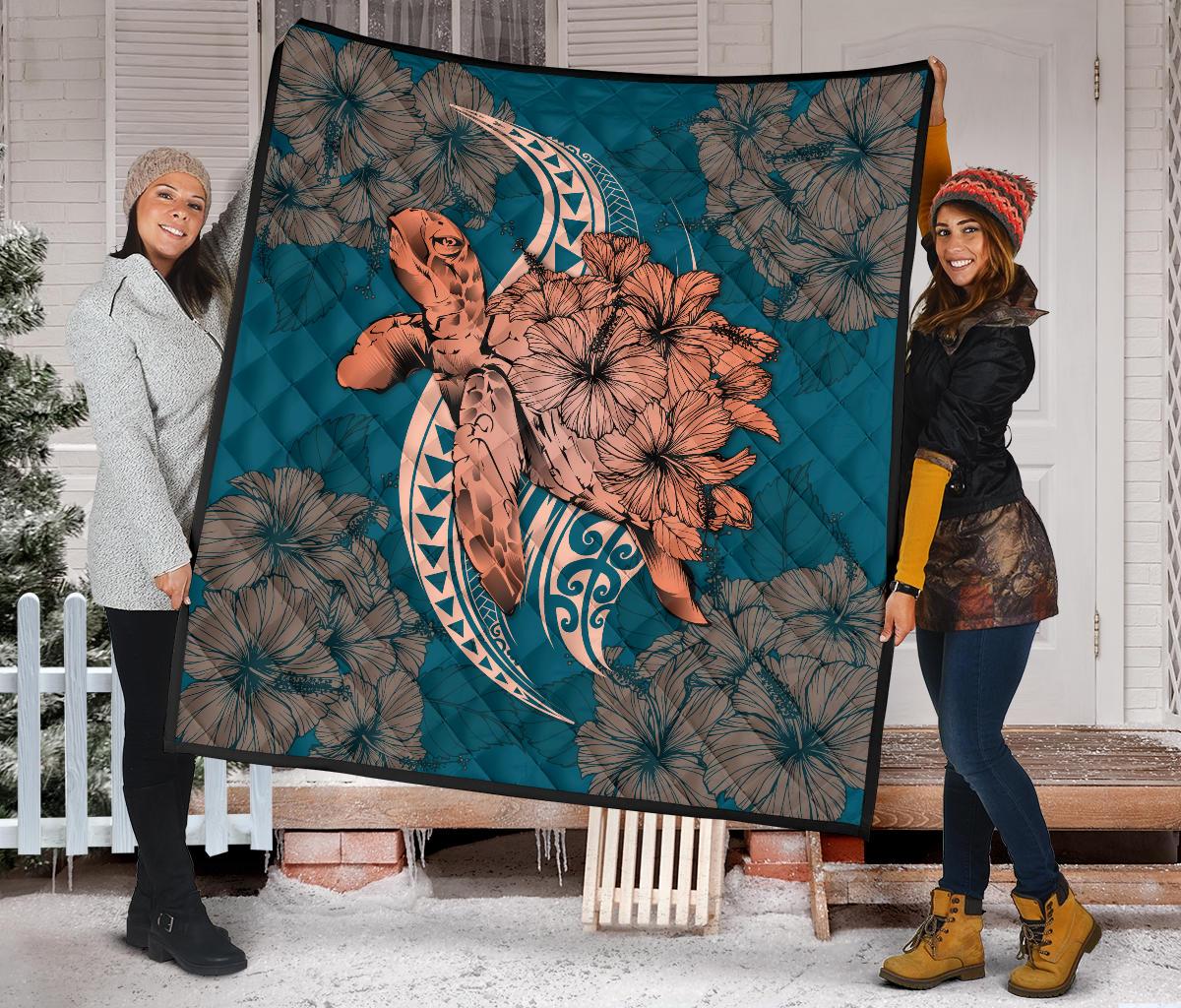 Hawaii Polynesian Turtle Hibiscus Premium Quilt - Orange - Polynesian Pride