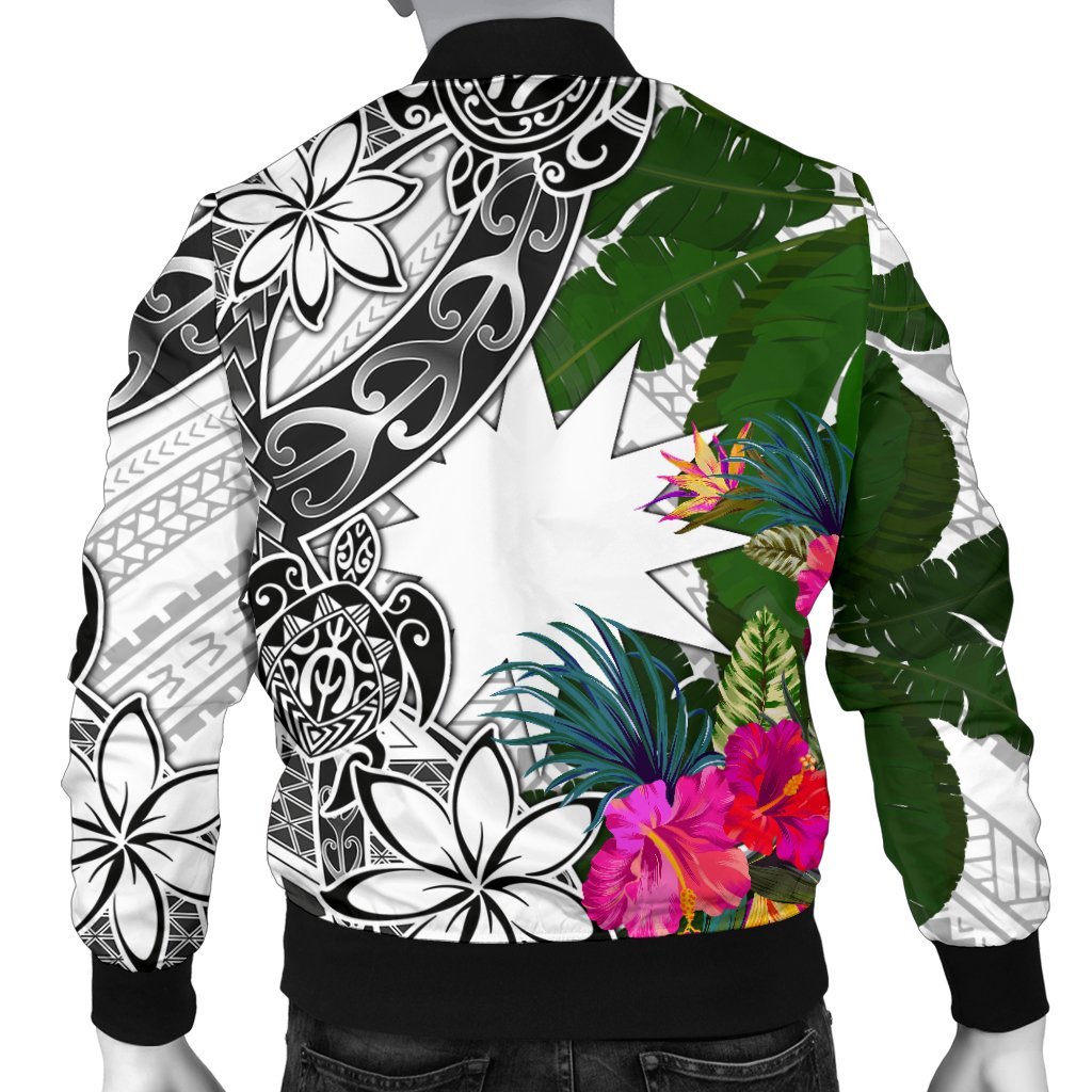 Nauru Men's Bomber Jacket White - Turtle Plumeria Banana Leaf - Polynesian Pride